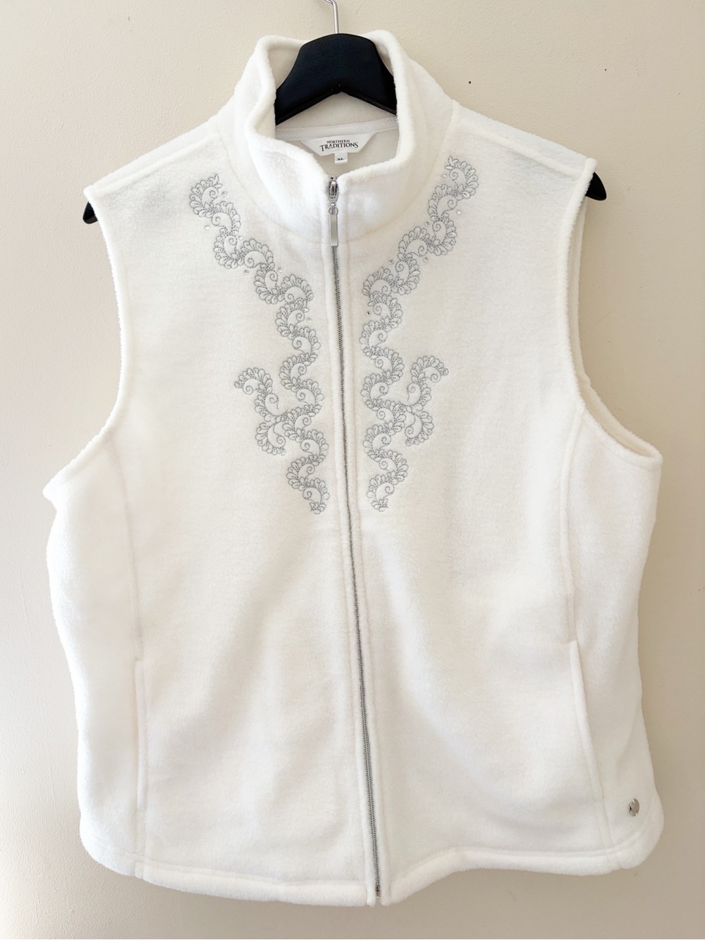 Northern Traditions Embroidered Winter White Fleece Zip Vest